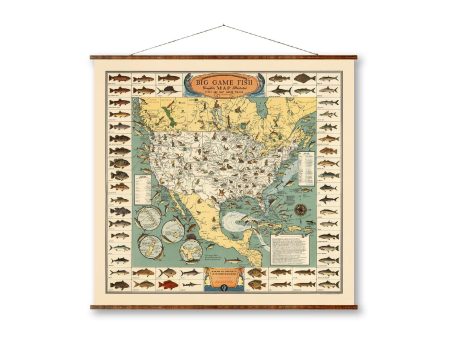 Big Game Fish Map on Canvas Ready to Hang Roll Down Canvas Decorative Antique Wall Decor Map Scroll on Sale