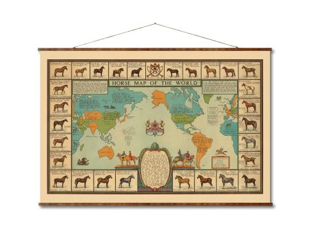 Horse Map of the World on Canvas Decorative Scroll Map of the World Vintage Colored Country Home Decor For Sale