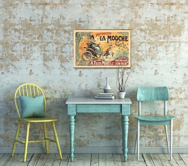 Voiturette La Mouche Vintage Poster Canvas Art Ready to Hang Wall Decor Roll Down Canvas Scroll For Sale