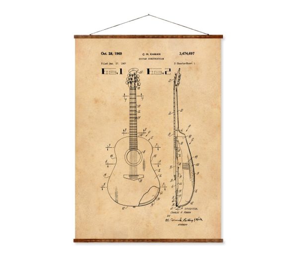 Accoustic Guitar Patent Vintage Illustrations Ready to Hang Roll Down Industrial Decorative Musical Instrument Canvas Scroll Fashion