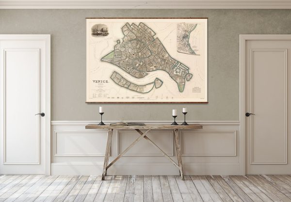 Map of Venice Vintage European City Map on Ready to Hang Roll Down Canvas Decorative Antique Map Scroll of Italy Supply