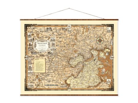 Boston Pictorial Map Vintage City Map on Ready to Hang Roll Down Canvas Decorative Wall Decor Map Scroll Sale