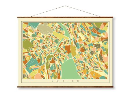 Zurich Mosaic City Art Map Vintage Colored Ready to Hang Canvas Decorative Wall Decor Map Scroll Discount