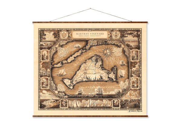 Martha s Vineyard Map Vintage City Map on Ready to Hang Roll Down Canvas Decorative Antique Wall Decor Map Scroll of Massachusetts on Sale