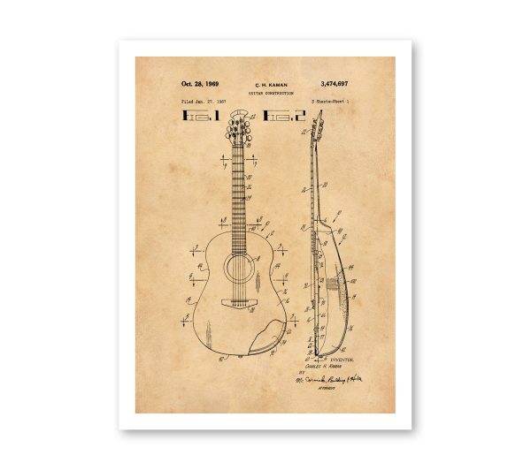 Accoustic Guitar Patent Vintage Illustrations  Industrial Decorative Musical Instrument Print BUY 3 Get 4th PRINT FREE For Cheap