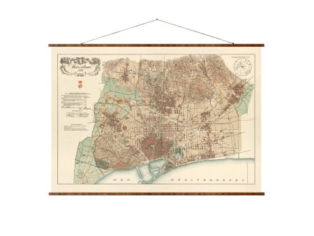 Barcelona Map 1890 Vintage Ready to Hang Roll Down Canvas Map Decorative Antique Map Scroll Wall Hanging Map of Spain For Sale